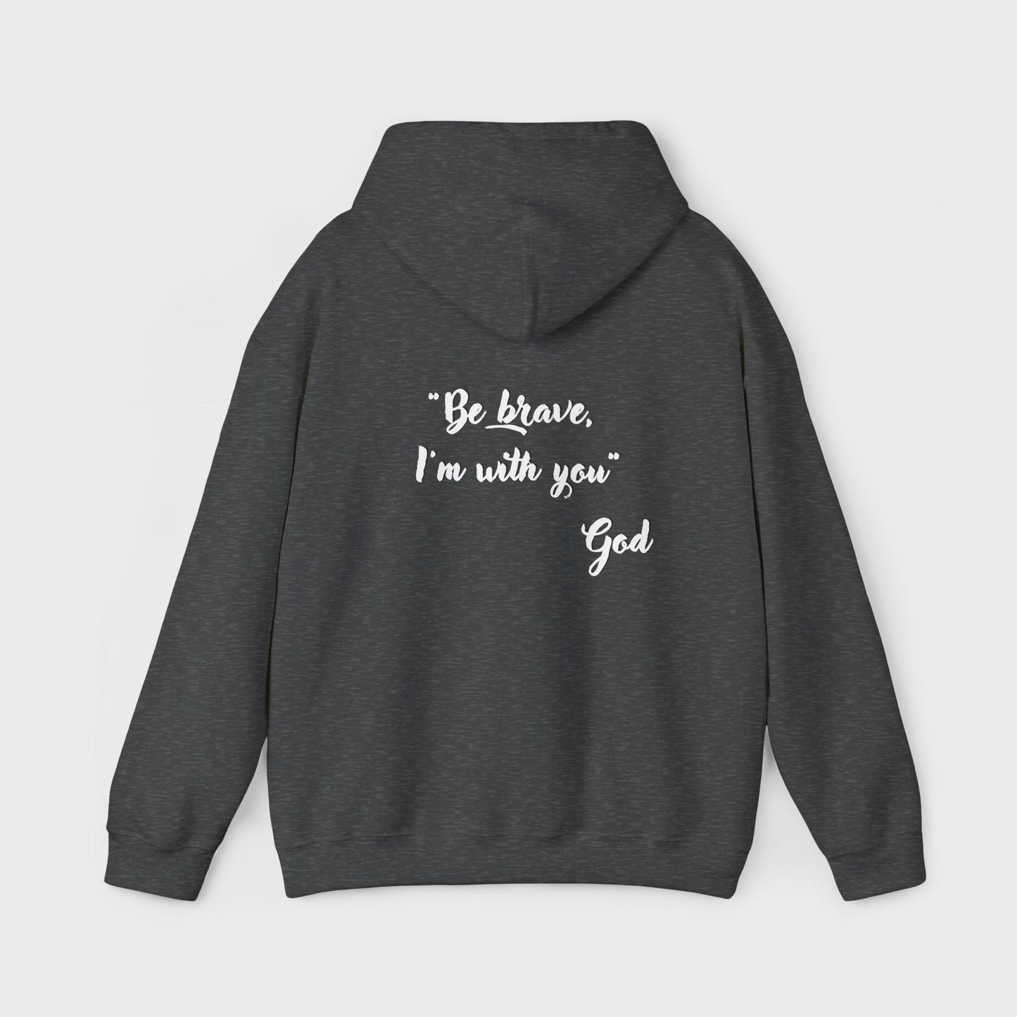 Dark gray hoodie with motivational text on the back against a light gray background