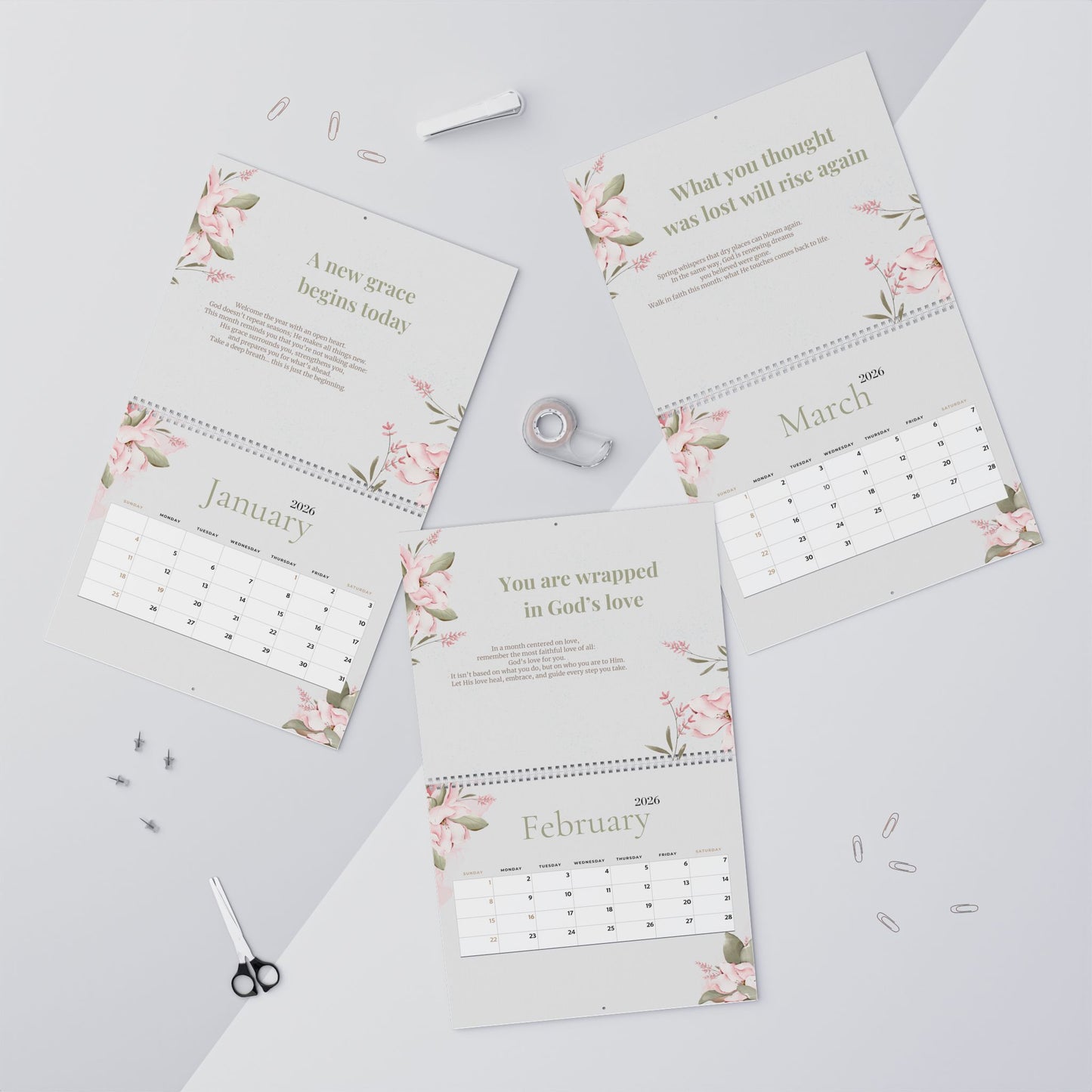 2026 Faith Wall Calendar — A Year of Hope & Reflection | Floral Christian Monthly Planner