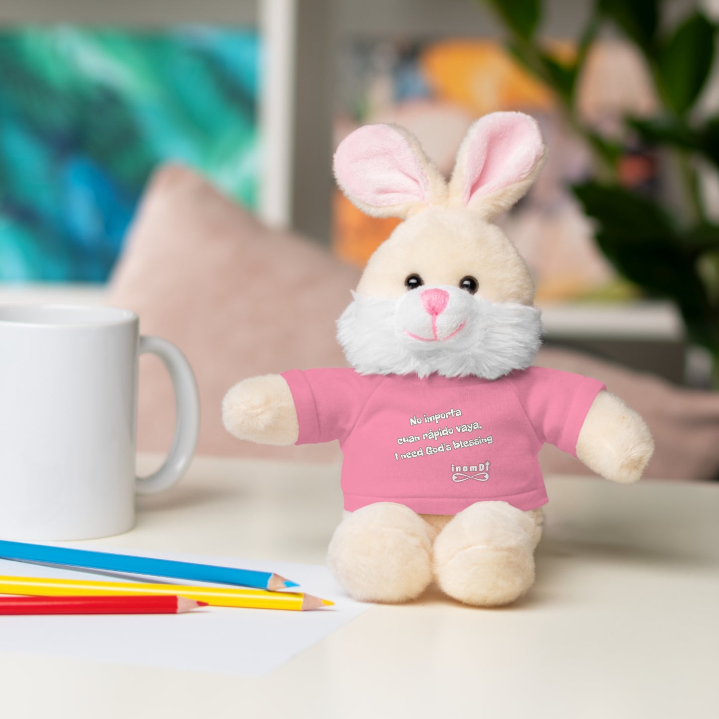 Conejito de Peluche “No importa cuan rápido vaya, necesito la bendición de Dios”