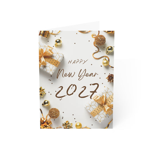 Tarjeta de felicitación de Año Nuevo 2026: Celebración con confeti dorado (paquete de 1, 10, 30 y 50)