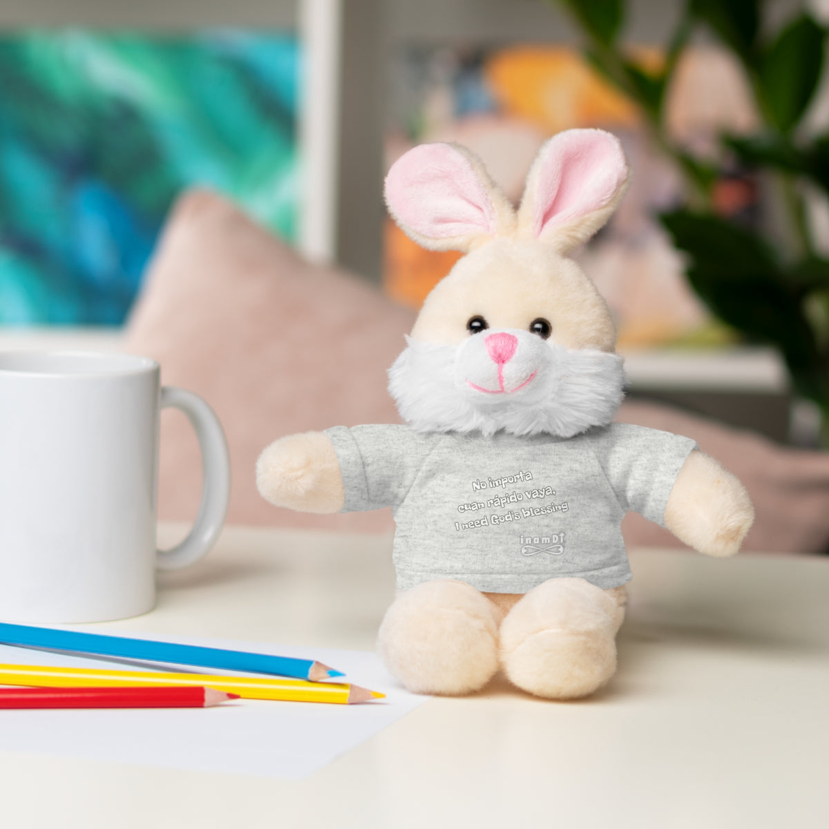 Plush Bunny Toy “No importa cuan rápido vaya, I need God's blessing”