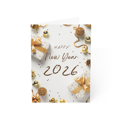 Tarjeta de felicitación de Año Nuevo 2026: Celebración con confeti dorado (paquete de 1, 10, 30 y 50)