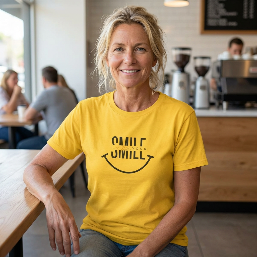 Camiseta de algodón grueso “SMILE” para mujer: camiseta motivadora para regalar, salir y transmitir energía positiva.