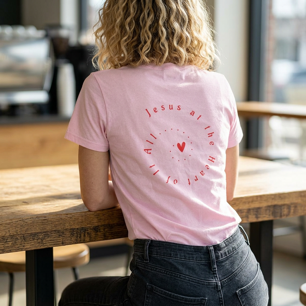 Camiseta "Jesús en el Corazón de Todo" para mujer: camiseta gráfica moderna para regalar, para usar en la calle y para el día a día.