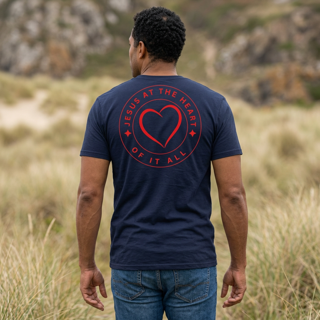 Camiseta cristiana para hombre «Jesús en el corazón de todo»: camiseta de algodón con un mensaje de fe.