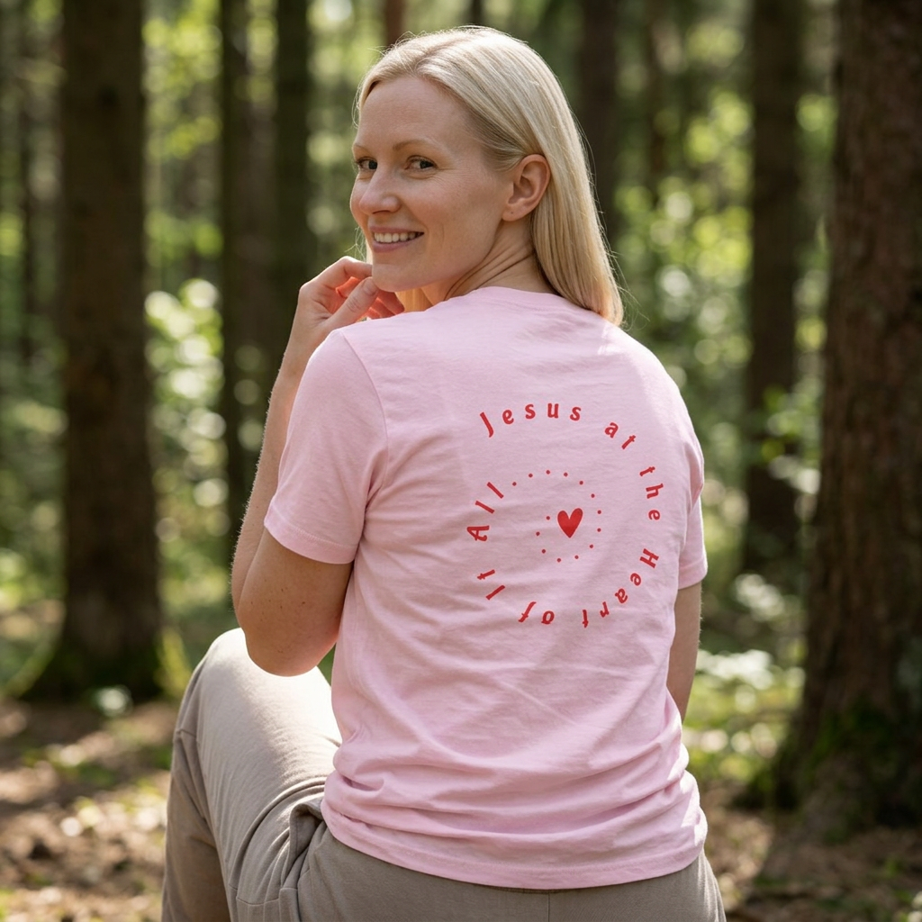 Camiseta "Jesús en el Corazón de Todo" para mujer: camiseta gráfica moderna para regalar, para usar en la calle y para el día a día.