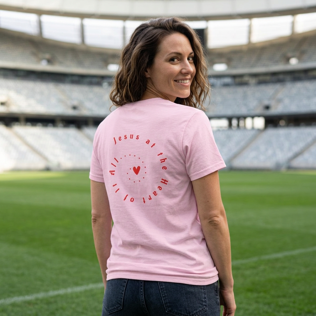 Camiseta "Jesús en el Corazón de Todo" para mujer: camiseta gráfica moderna para regalar, para usar en la calle y para el día a día.