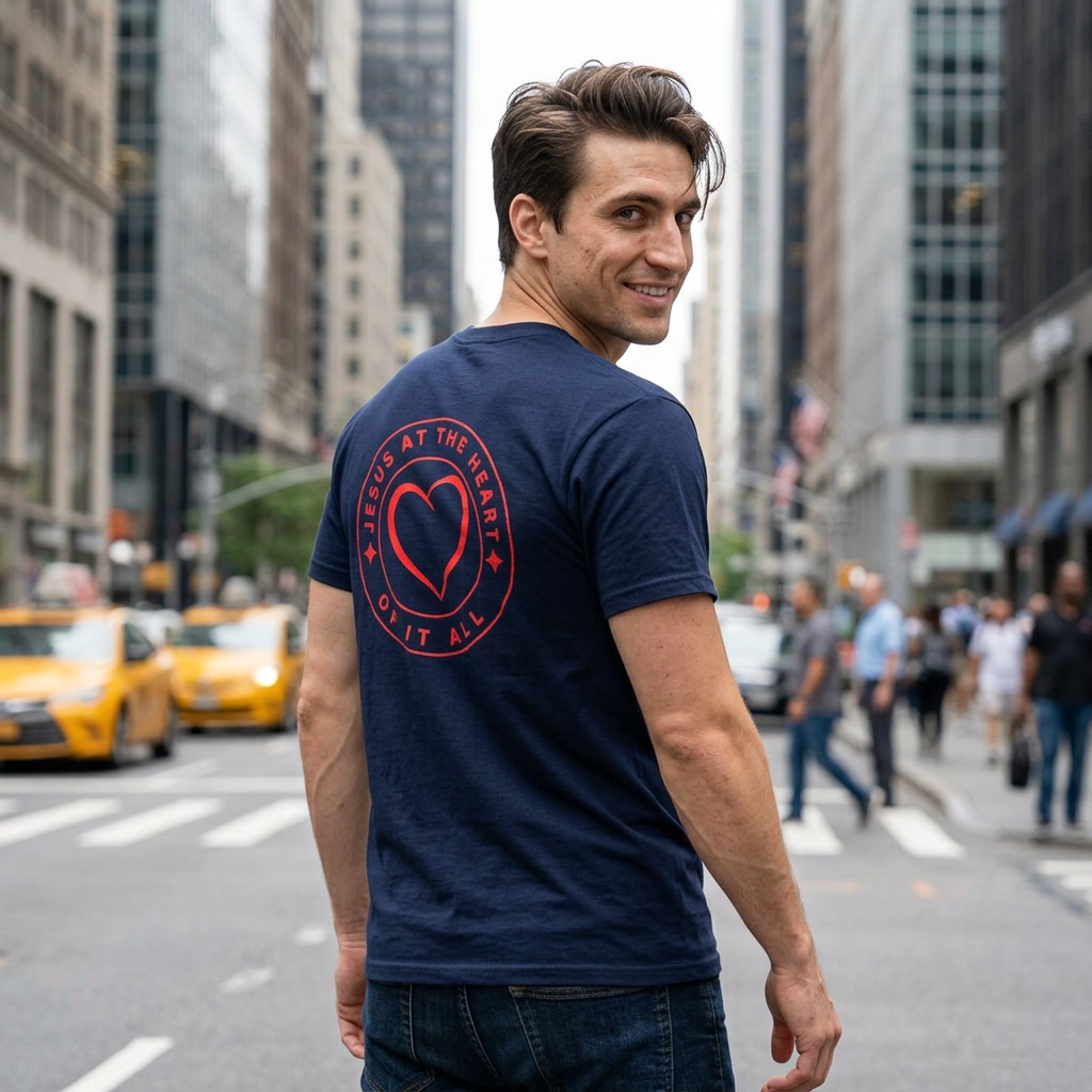 Camiseta cristiana para hombre «Jesús en el corazón de todo»: camiseta de algodón con un mensaje de fe.