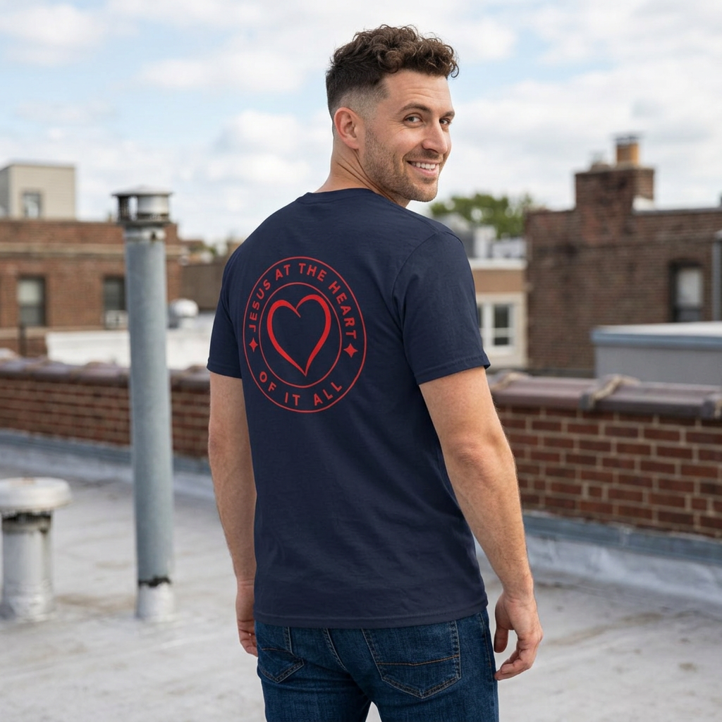 Camiseta cristiana para hombre «Jesús en el corazón de todo»: camiseta de algodón con un mensaje de fe.