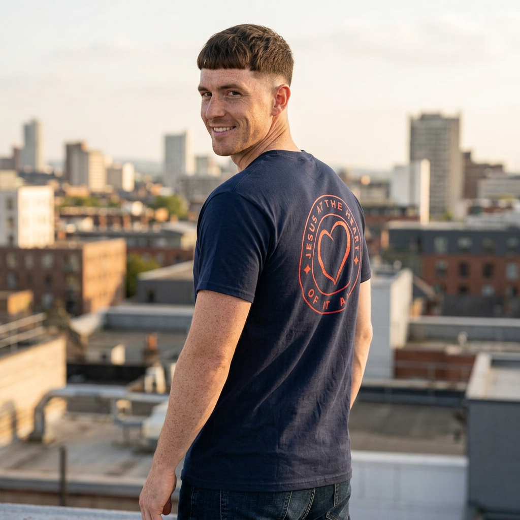 Camiseta cristiana para hombre «Jesús en el corazón de todo»: camiseta de algodón con un mensaje de fe.