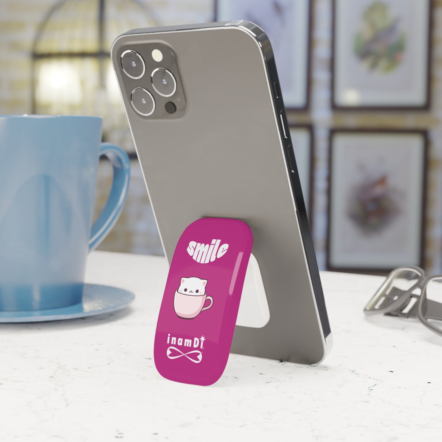 Cute Phone Grip with Smile Cat Design, Cell Phone Accessories, Kawaii Tech Gift, Phone Holder, Pink Cat Grip, Fun Gadget