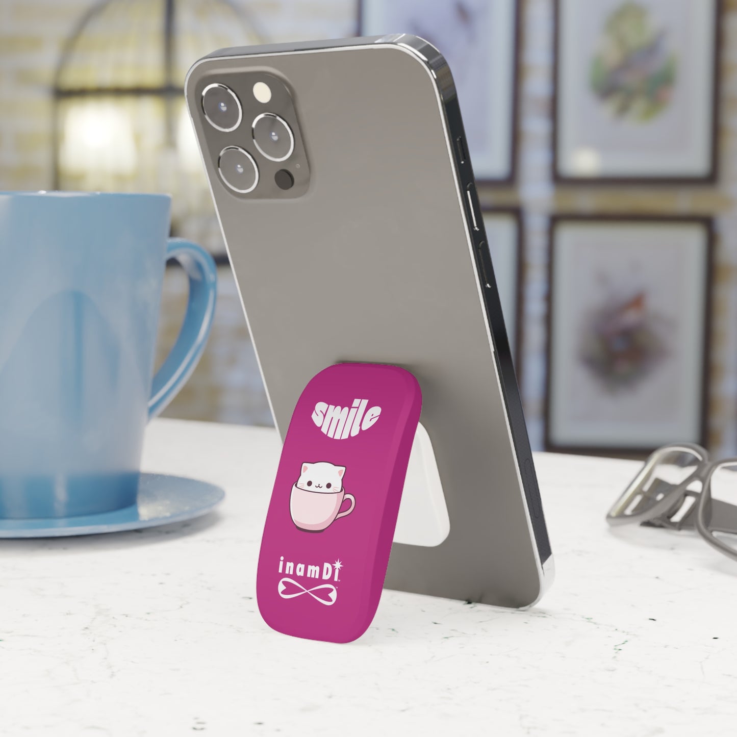 Cute Phone Grip with Smile Cat Design, Cell Phone Accessories, Kawaii Tech Gift, Phone Holder, Pink Cat Grip, Fun Gadget